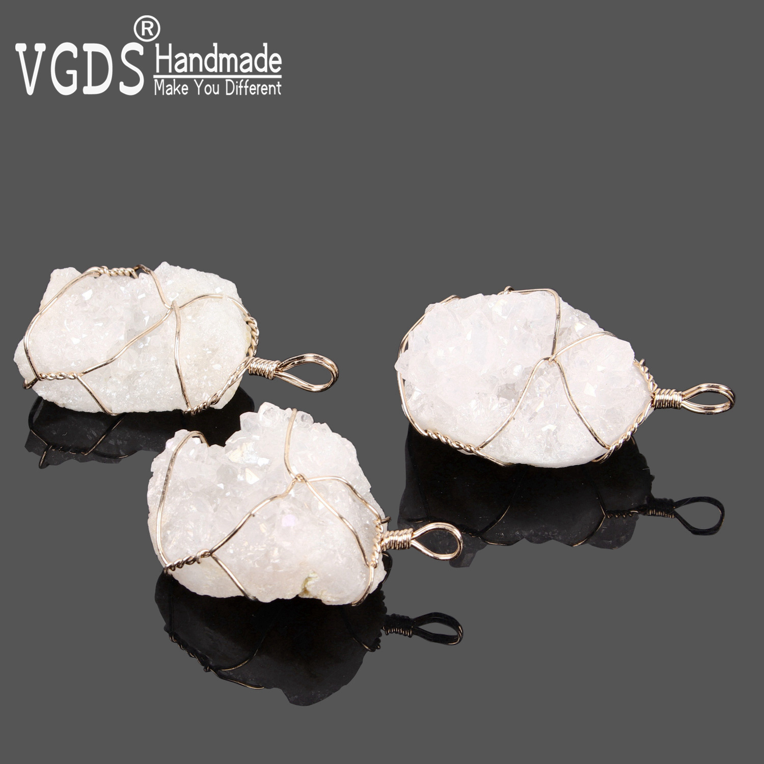 天然水晶芽绕线随形原石不定型白水晶簇吊坠 跨境个性饰品货源