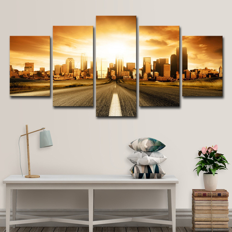 Cross-border AliExpress, Amazon 5 pieces Sunrise city building pictures home decoration living room wall art