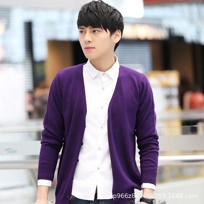 秋冬新款纯色羊绒男开衫带扣子青年羊毛衫外套针织衫大码毛衣百搭|ru