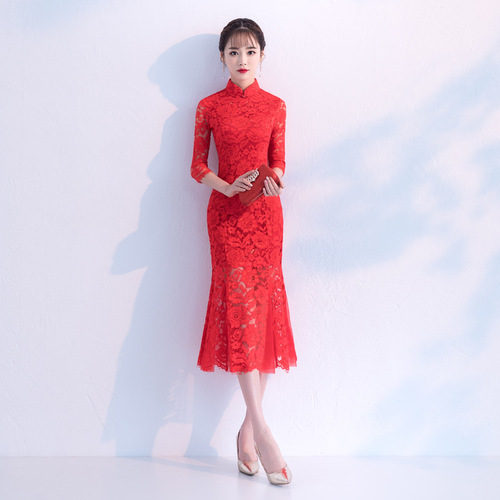 Women chinese dresses red lace Fishtail dress women's dress season wedding party Qipao red dresses