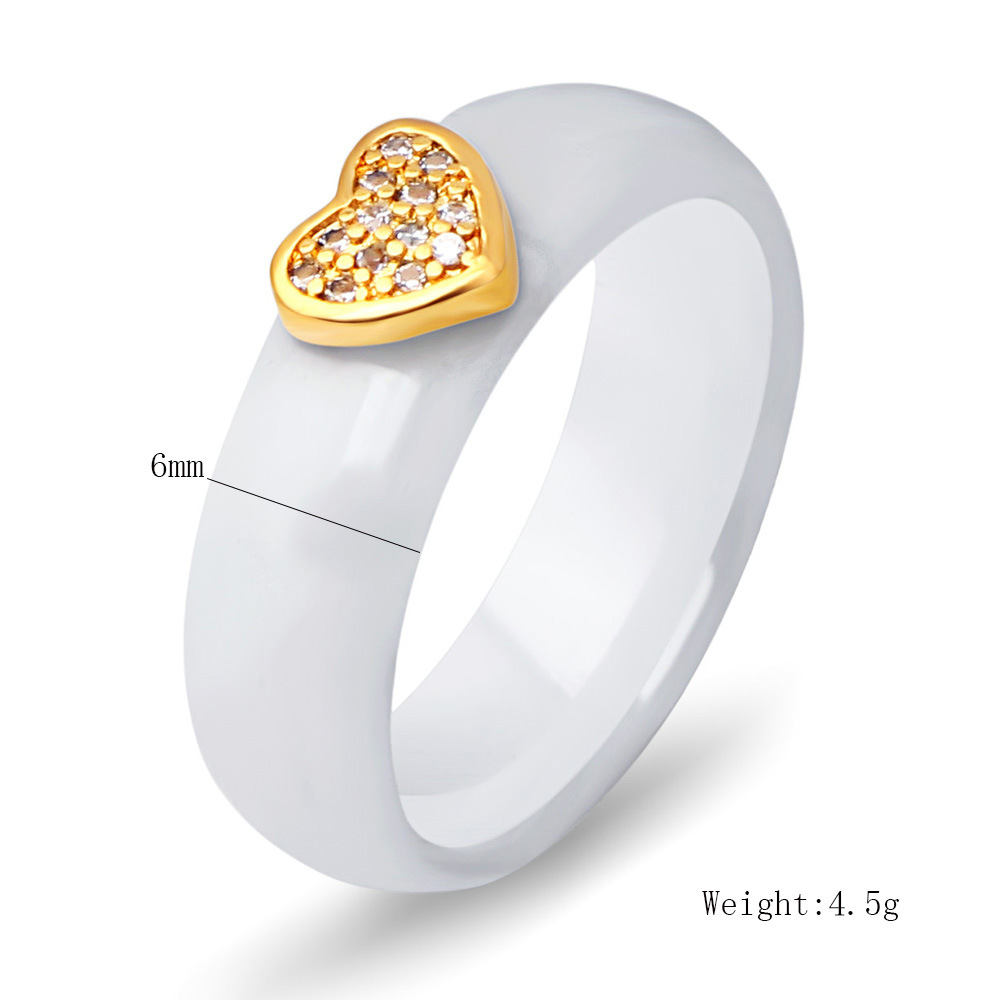 Simple Ceramic Micro Inlaid Zircon Heart-Shaped Black White Titanium Steel Ring