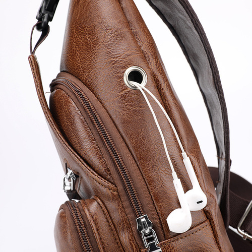 Cross-border supply USB charging chest bag casual fashion shoulder bag factory wholesale PU men's chest bag