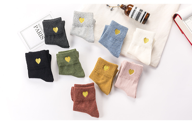 Calcetines nuevos de otoño e invierno con bordado de amor de hilo dorado, calcetines de algodón para mujer, calcetines de tubo medio bordados de entrepierna alta para mujer_voghion.com