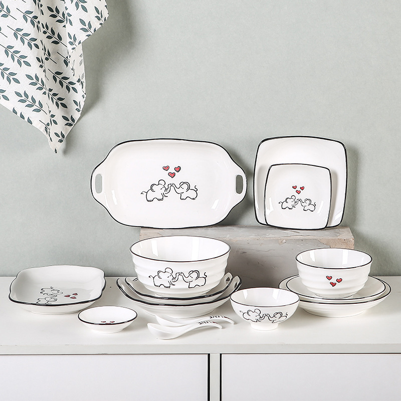 Japanese Style Creative Simple Ceramic Tableware Set Personalized Good-looking Internet Celebrity Hand-painted Underglaze Color Plate Dishes and Spoons ins