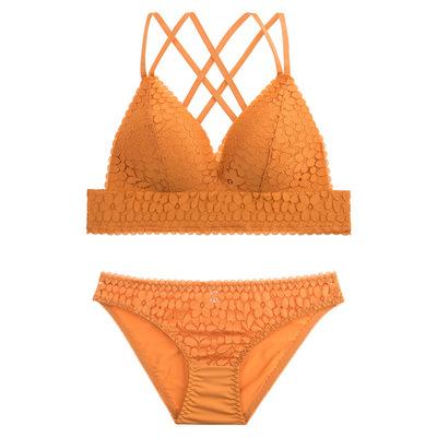 法式bralette性感交叉美背内衣套装无钢圈黑色时尚花卉文胸