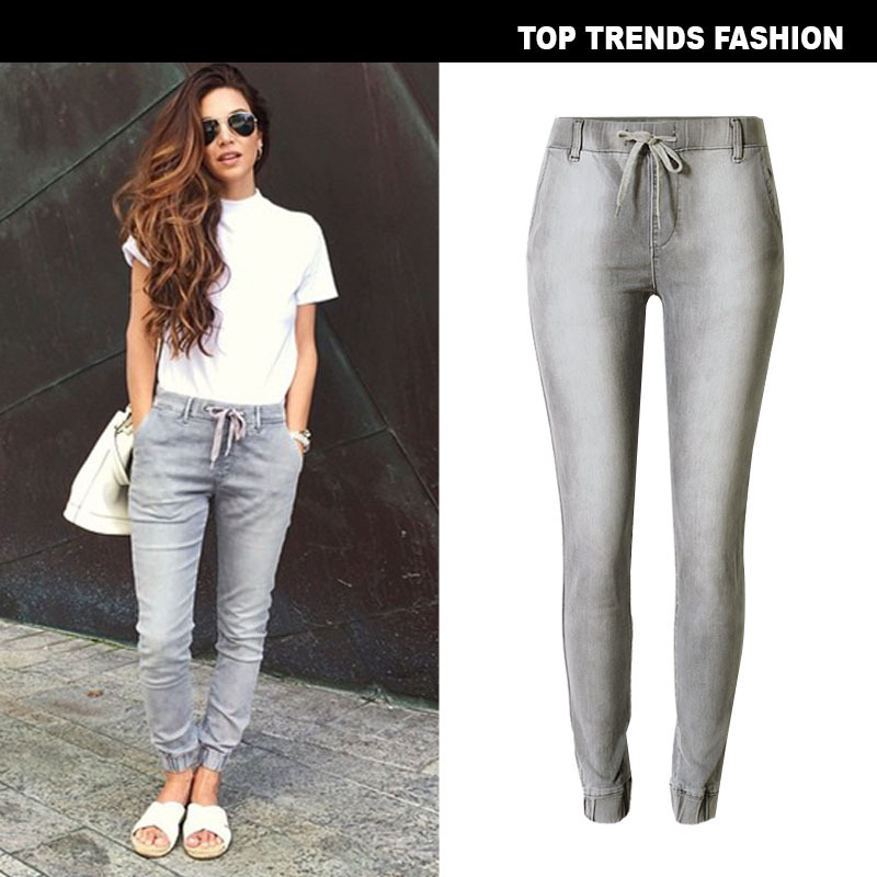 European and American Women's Stretch Jogging Casual Gray Large Size Women's Pants Denim Harlan Casual Pants Elasticated Legs