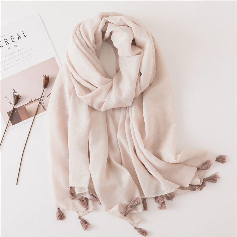 Solid Color Nude Powder Shiny Tassel Cotton Linen Scarf Shawl Long Scarf Silk Sunscreen Shawl display picture 16