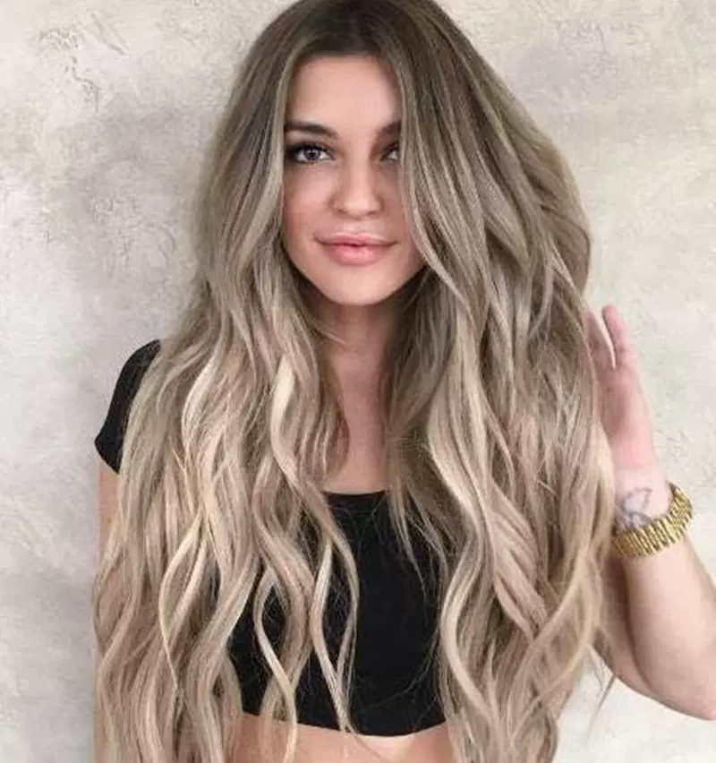 欧美新款中分长卷发灰金染色渐变化纤假发头套女士微卷长直发假发