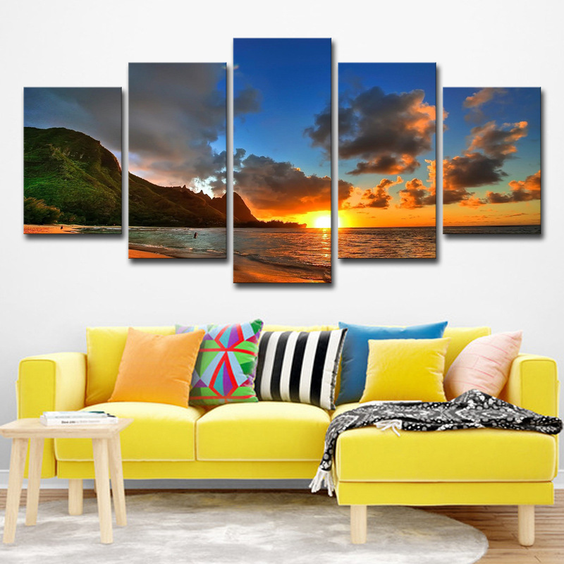 Cross-border Aliexpress cross-border 5 block Sunset Seamount seascape Photo home decoration living room wall art