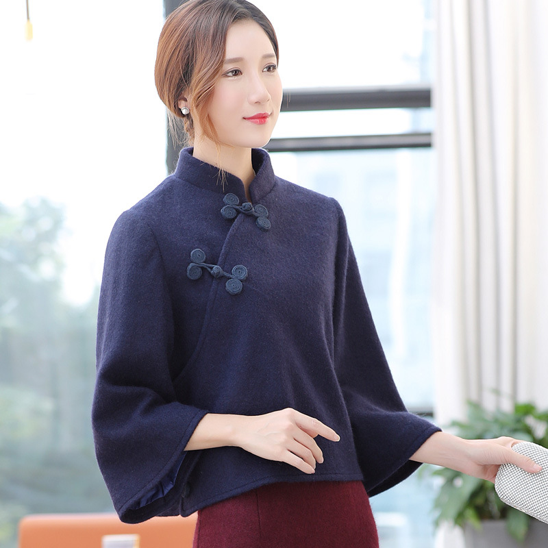 2019女装新款秋冬大码复古中国风大衣宽松喇叭羊绒短款毛呢子外套