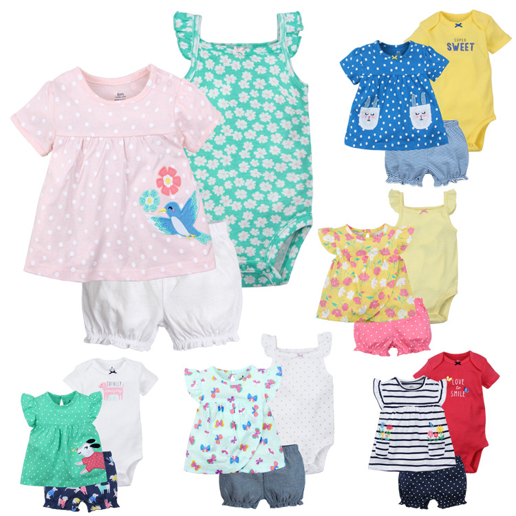 2018夏季新款嬰兒純棉短袖T恤吊帶哈衣包屁衣短褲3件套裝女童裝