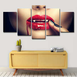 跨境五联画insAE5件血红色嘴唇油画墙艺术图片家庭装饰为客厅