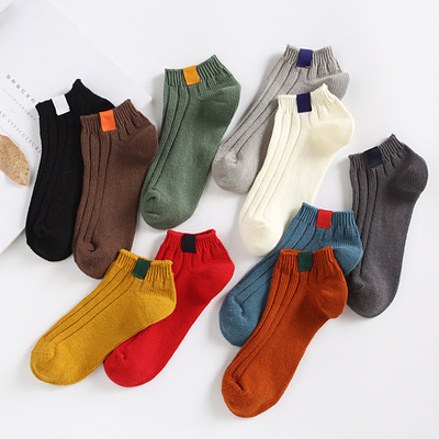秋冬新品船袜女个性布标韩版纯色短袜 学院风潮女士袜子厂家批发