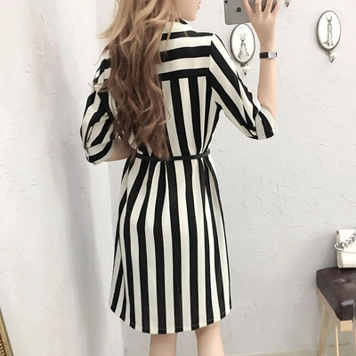 2018新款女装潮夏季修身显瘦雪纺短袖条纹衬衫连衣裙女中长款188