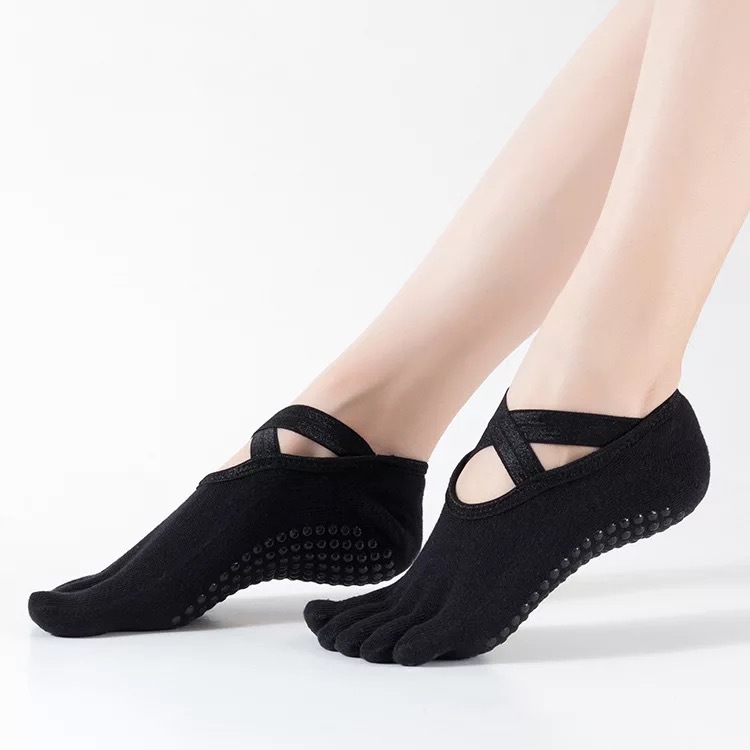 专业瑜伽袜防滑五指露背交叉系带舞蹈袜普拉提地板袜夏季五指袜|ru