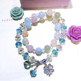 天然水晶摩根石手链配奥地利水晶 925纯银叶子吊坠 正品淘宝直播