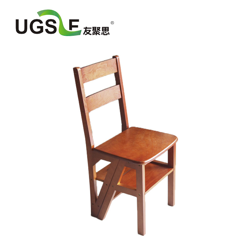 友聚思全实木坐板折叠梯椅家用多功能简易梯子置物花架4阶爬梯