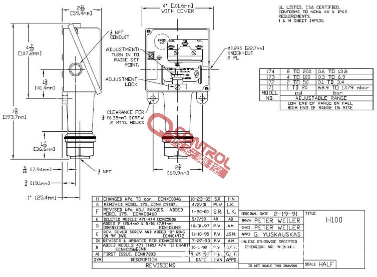 供应美国UE原装开关【H100-174】UE开关尺寸图