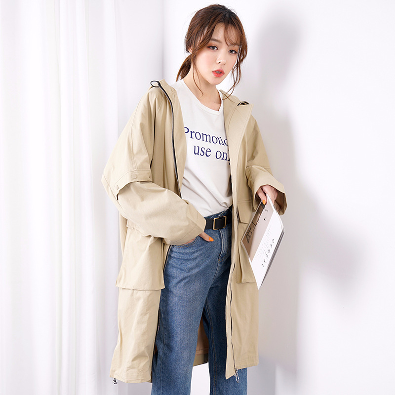 2019 Spring and summer new pattern Solid Windbreaker Mid length version Large Easy lady Hooded coat Overknee overcoat 2298