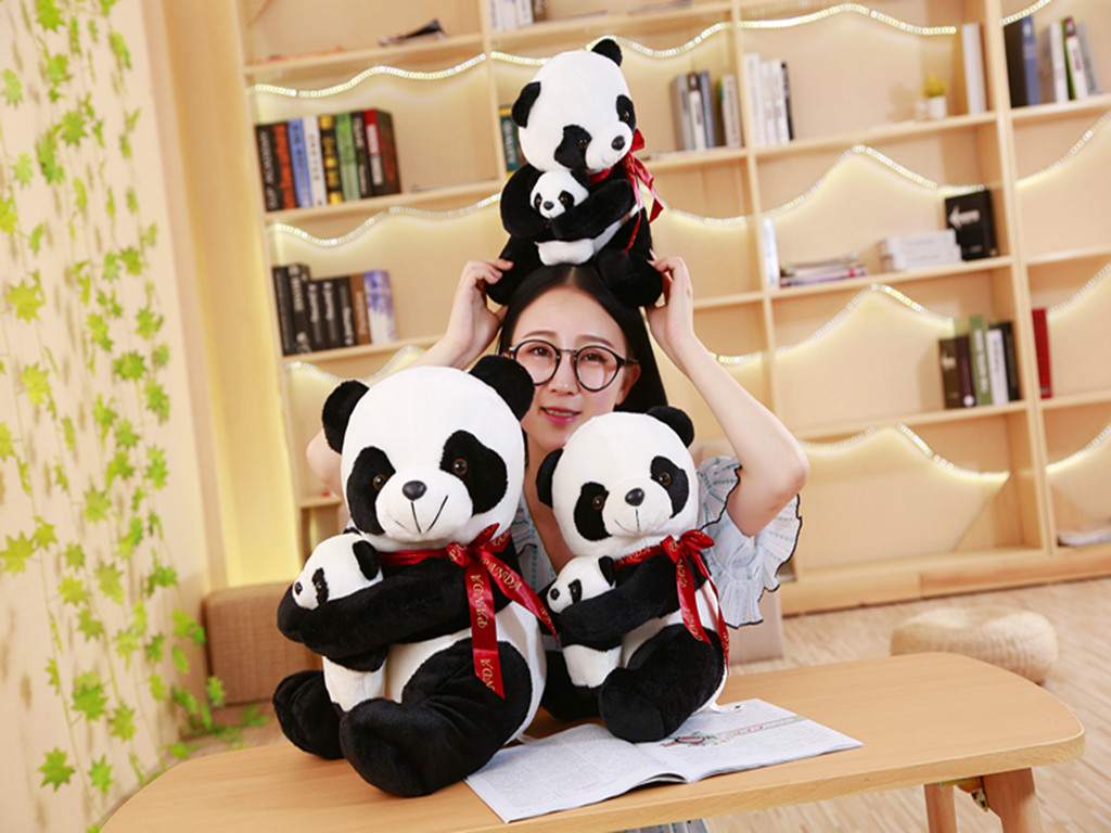 毛绒玩具熊猫公仔,熊猫抱抱熊,丝带亲子熊猫