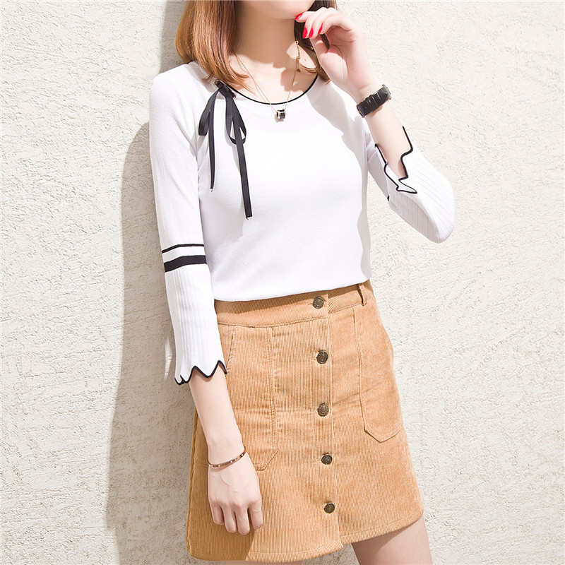 2018学院风春秋韩版特色系带纯色针织衫喇叭袖套装打底衫毛衣女