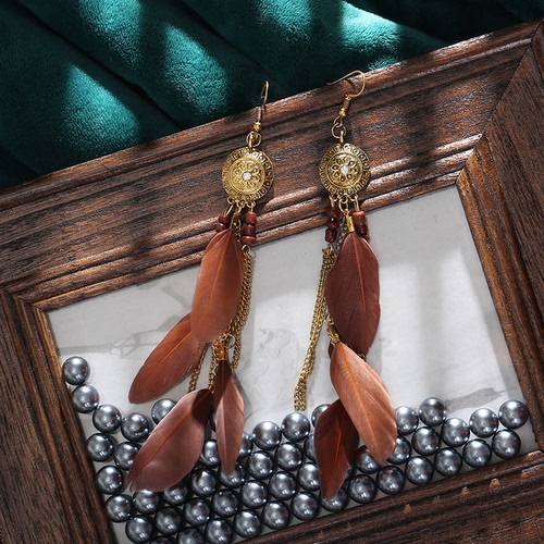 2 pairs European and American retro chain tassel earrings bohemian feathers jewelry creative feather long earrings