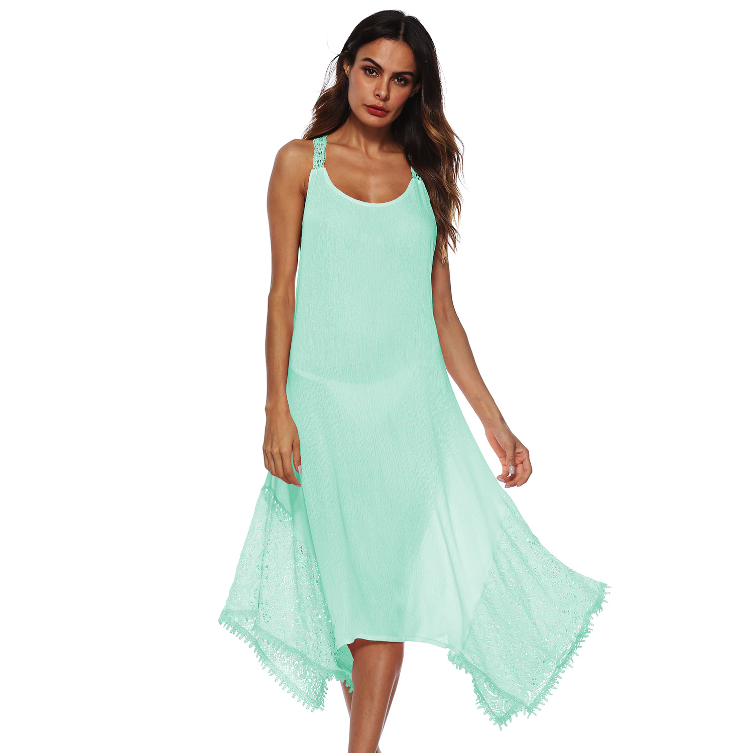 Backless Lace Trimmed Maxi Dress Crossed Straps Irregular Hem Elegant Design Perfect for Evening Events Wholesale
