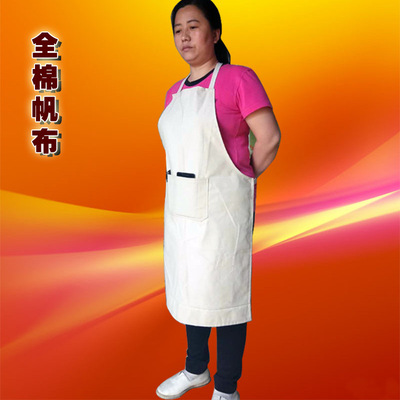 厂家直销全棉白甲帆布围裙挂脖单扣调节厨房车间防污防油围裙定制|ru