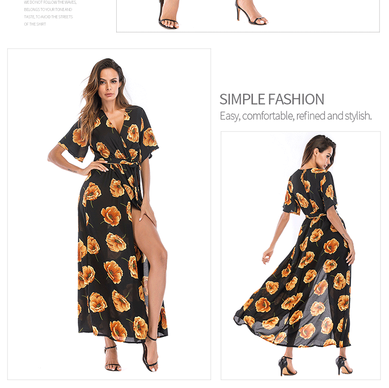 retro floral V-neck slit short-sleeved chiffon dress wholesale clothing vendor Nihaostyles NSDMB69670