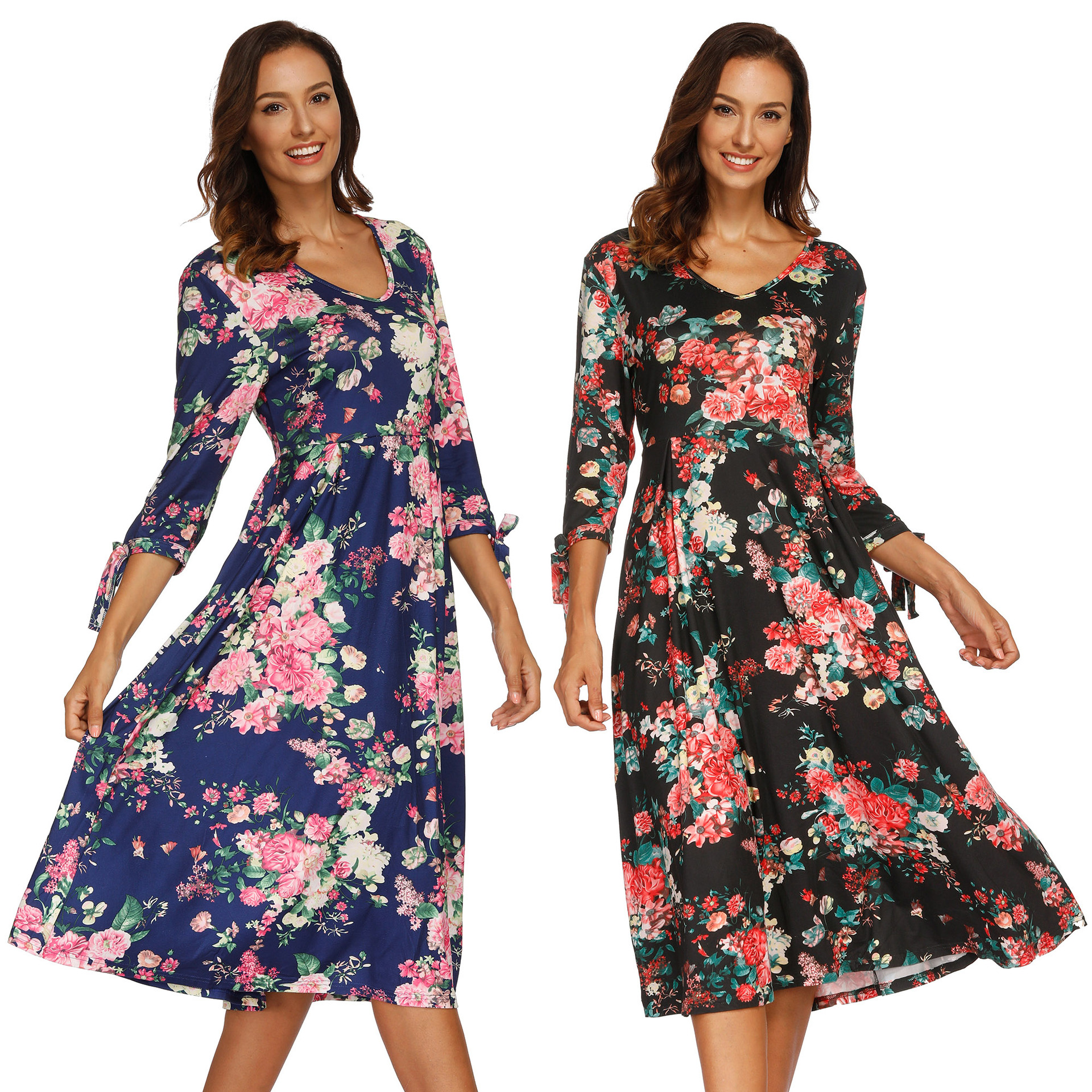 Floral Print Maxi Dress V Neck Three Quarter Sleeve Autumn Winter Style Wholesale Womens Fashion Dress