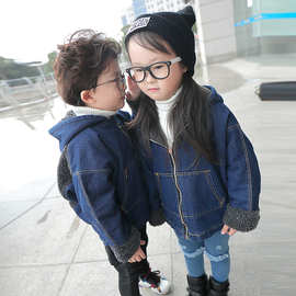 童装2018男童牛仔保暖棉衣秋冬外套韩版女童卡通羊羔毛潮一件代发