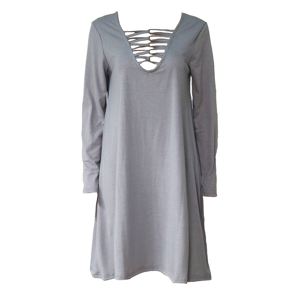 Solid Color Dress Sexy Deep V Neck Lace Up Design Long Sleeve Perfect for Parties and Events Wholesale Available