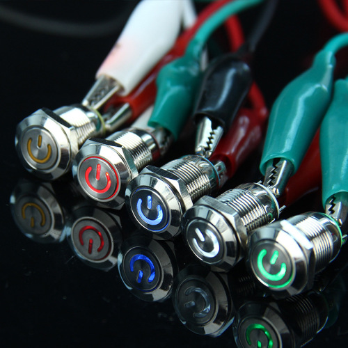 12MM Metal Button Flat Head Power Symbol LED Light Waterproof Self-Reset Button One-Touch Start Switch