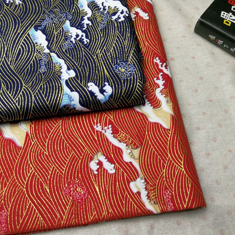 日式和风棉布和服面料 金粉波浪印花女装香包布 厂家批发