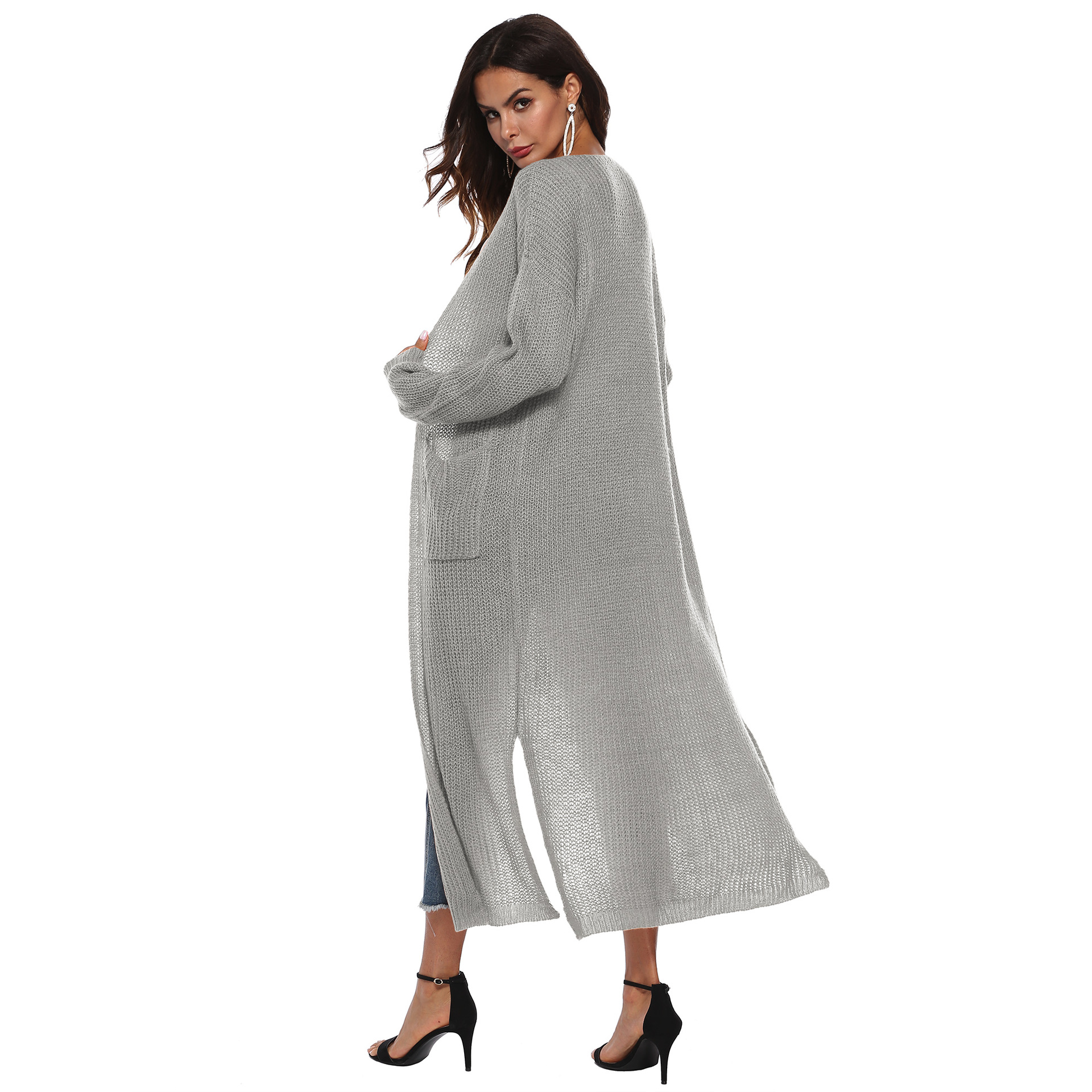 open-fork big pocket knit long thin coat NSOY28458