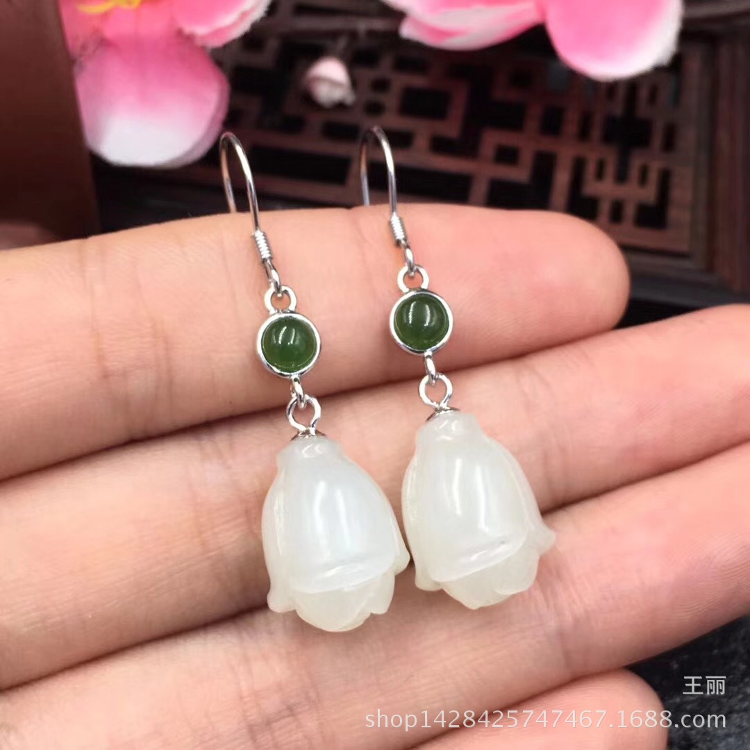 925银镶和田玉玫瑰花耳环 白玉花朵耳坠 精雕女款耳环花形饱满-阿里巴巴