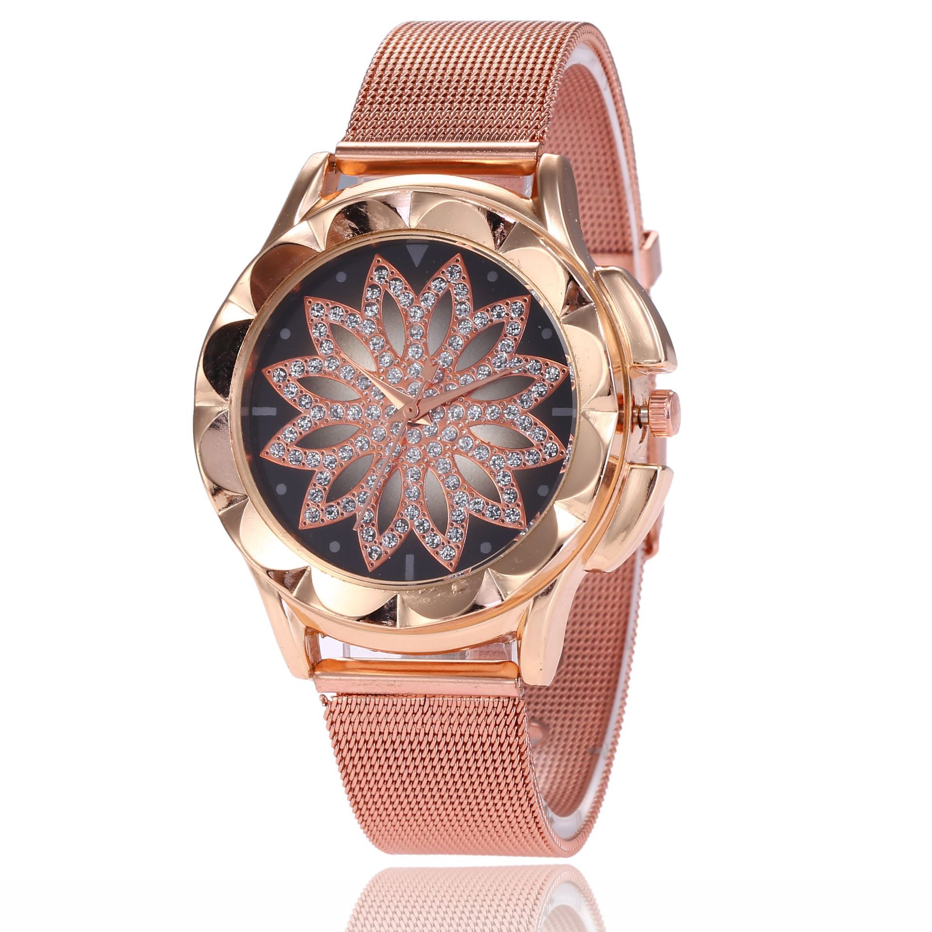 Cost performance  Stainless steel mesh diamond inlaid women's watch, clock in operation, dial with simple scale, quartz watch_voghion.com