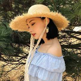 草帽女夏天蕾丝绑带盆帽子韩国手工拉菲草大沿沙滩帽潮防晒遮阳帽