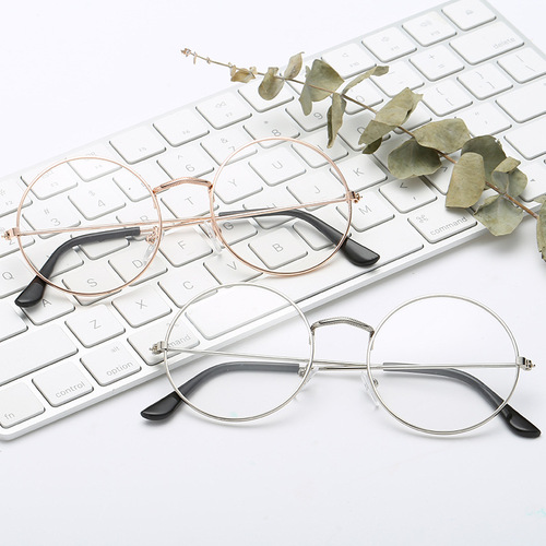 Retro metal large frame patterned glasses, artistic Harajuku round frame glasses, trendy flat glasses