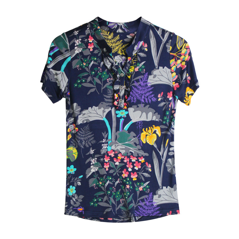 Silk Short Sleeve T Shirt for Women Mulberry Silk Plus Size Floral Print Stand Collar Summer Casual Wear