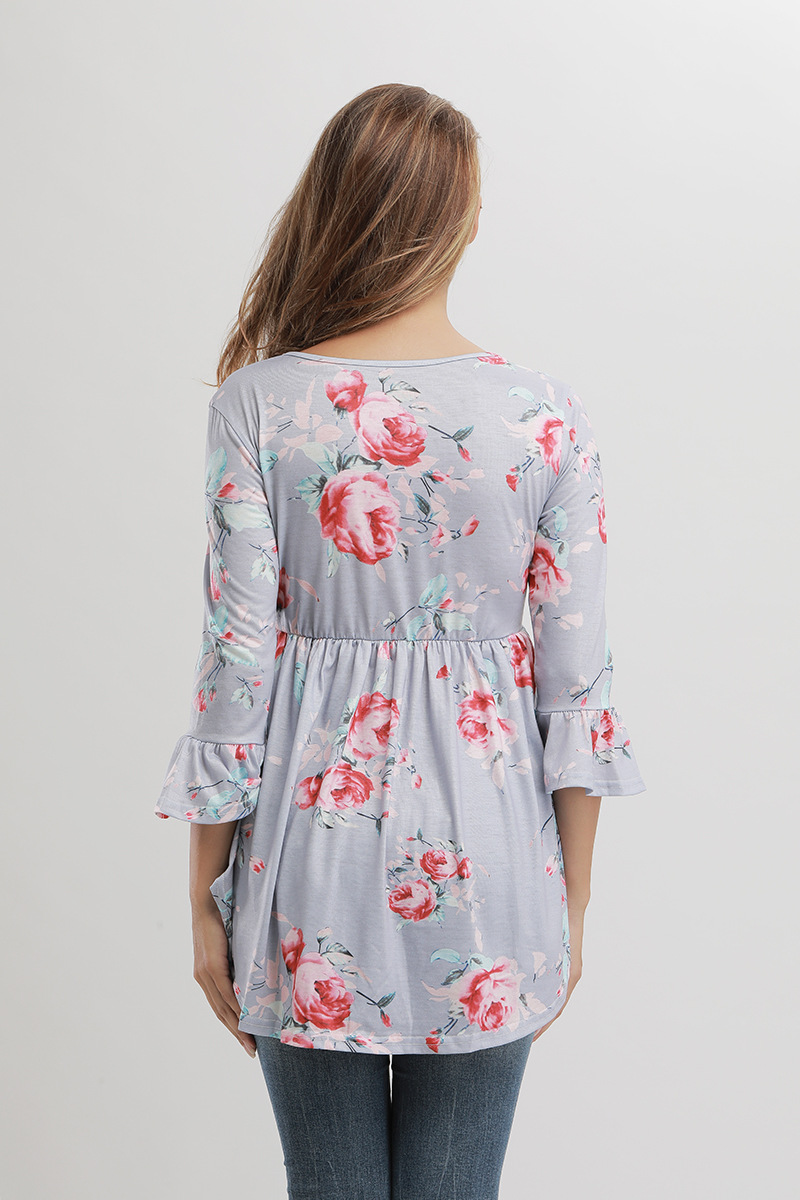 Floral Print Doll Top Sexy Design Three Quarter Bell Sleeves Round Neck Autumn Fashion Wholesale Available