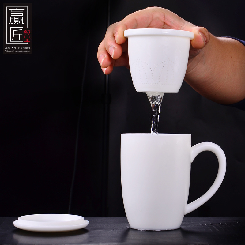 Winjiang dehua porcelana blanca Kung Fu taza de té de cerámica con tapa filtro Oficina taza de agua oveja grasa Jade porcelana Oficina taza