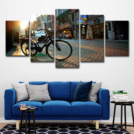 跨境亚马逊AE5件自行车在城市街道景观墙面艺术图片家居装饰