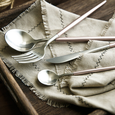 INS爆款簡約家用不鏽鋼刀叉牛排刀叉套裝金色質感LEON複古西餐具