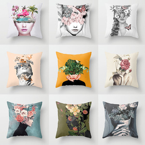 18'' Cushion Cover Pillow Case Printed women&apos;s flower head pillow cover sofa for office use