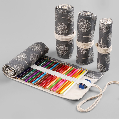 Black and white tree canvas art pen curtain 12/24/36/48/72 hole large capacity pencil roll bag color lead sketch pencil bag