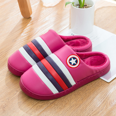 2019皮面拼色情侣保暖棉拖鞋新款秋冬季男女加厚室内防滑棉鞋批发|ms