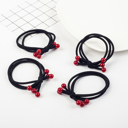 Korean style hair accessories red cherry hair rope three-in-one knotted red bead children's red bean hair rope simple rubber band