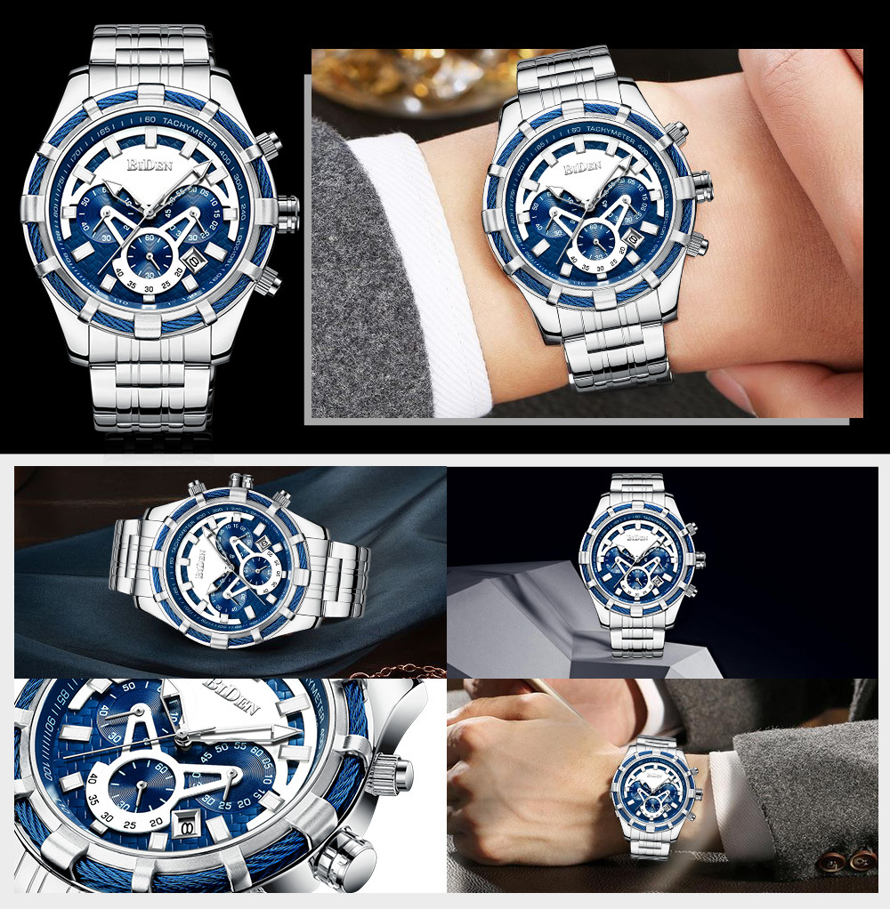 New Watch BIDEN Men's Watch Cool, Sports, Trendy, and Fashionable Steel Band Multi Functional Six Needle Quartz Watch_voghion.com
