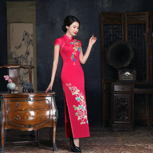 fuchsia turquoise flowers chinese dresses retro cheongsam qipao dress etiquette performance during long Chinese Qipao